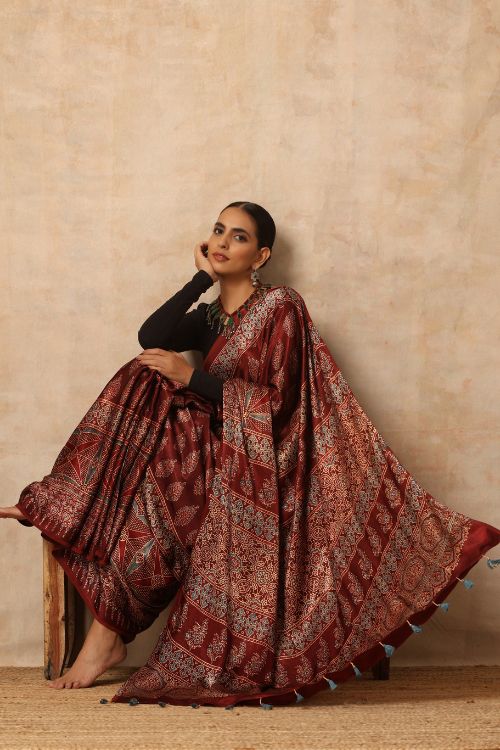 Ajrakh modal silk saree