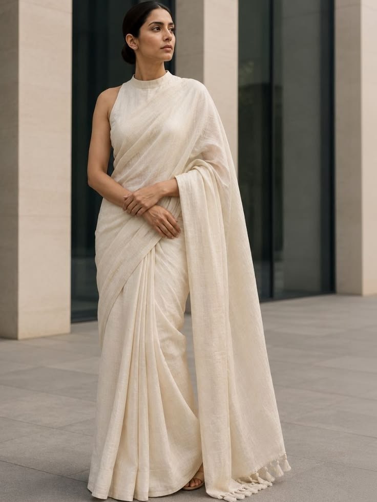 Warm white linen saree